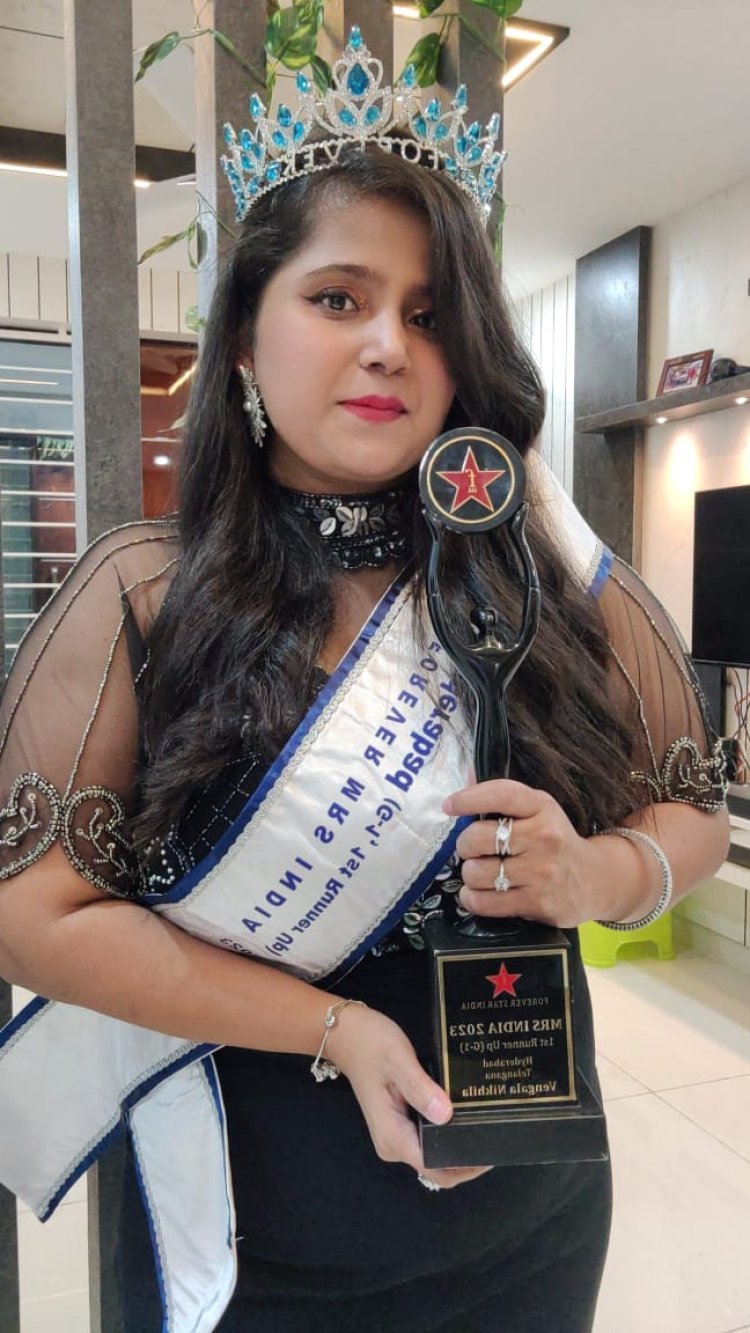 Vengala Nikhila as Newly Crowned Mrs Hyderabad 1st Runner Up 2023 organised by Forever Star India